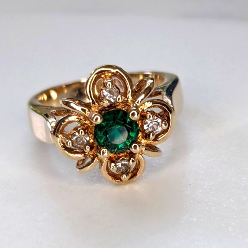 Vintage green and gold emerald and diamond inspired cocktail ring Size 6